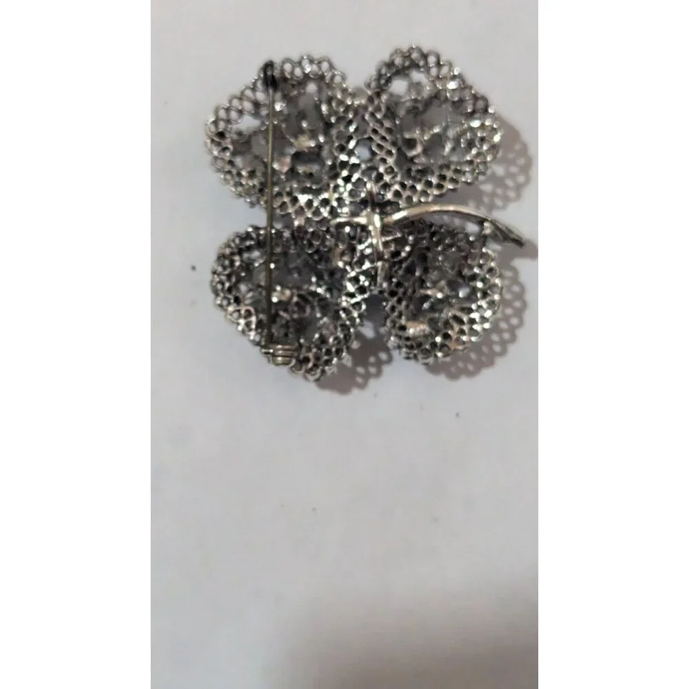 Vintage Rhinestone Clover Brooch Pin -‎ Silver Tone Blue Gems Luck & Sparkle!